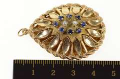 14K Yellow Gold 1960's Ornate Syn. Sapphire Pearl Tear Drop Pendant