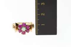 10K Yellow Gold 1960's Opal Syn. Ruby Halo Bow Statement Ring
