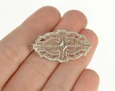 10K White Gold Diamond Inset Ornate Art Deco Filigree Pin/Brooch