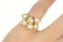 18K Yellow Gold Retro Pearl Beaded Fringe 1960's Statement Ring