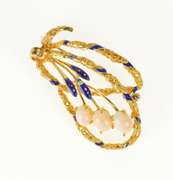 18K Yellow Gold Pink Coral Blue Enamel Ornate Floral Loop Pin/Brooch