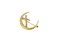 10K Yellow Gold Seed Pearl Cross Crescent Moon Victorian Pin/Brooch