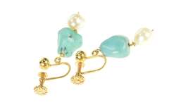 14K Yellow Gold Turquoise Pearl Drop Dangle Screw Back Earrings
