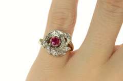 14K White Gold 1950's Ornate Syn. Ruby Diamond Leaf Swirl Ring