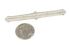 14K White Gold Art Deco Ornate Leaf Filigree Bar Pin/Brooch