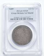 VF25 1689 Great Britain 1/2 Crown - 1st Shield - Graded PCGS