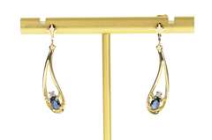 10K Yellow Gold Oval Sapphire Diamond Tear Drop Dangle Earrings
