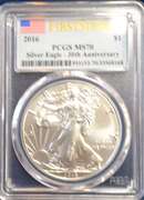 2016 $1 AMERICAN SILVER EAGLE PCGS MS70 FLAG FIRST STRIKE LABEL 30th ANNIVERSARY