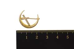 10K Yellow Gold Seed Pearl Cross Crescent Moon Victorian Pin/Brooch