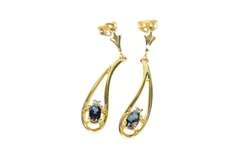 10K Yellow Gold Oval Sapphire Diamond Tear Drop Dangle Earrings
