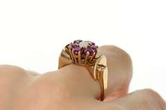 10K Yellow Gold 1960's Opal Syn. Ruby Halo Bow Statement Ring