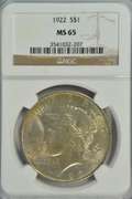 Gem BU 1922 Peace Silver Dollar. NGC MS65