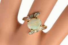 14K Yellow Gold Oval Natural Opal Diamond Petal Accent Bypass Ring