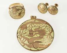 10K Yellow Gold Jade Chinese Dragon Set Pendant Earrings Ring