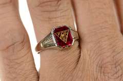14K White Gold Art Deco Knights of Pythias Syn. Ruby Men's Ring