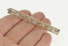 14K White Gold Art Deco Diamond Scroll Filigree Bar Pin/Brooch