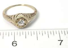 Vintage 14KT White Gold Filigree Ring with Crystal