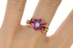 10K Yellow Gold 1960's Opal Syn. Ruby Halo Bow Statement Ring