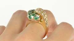 14K Yellow Gold 2.62 Ctw Emerald Diamond 1930's Knot Cocktail Ring