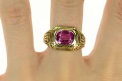 14K Yellow Gold 1930's Syn. Pink Sapphire Ornate Men's Ring
