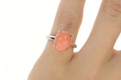 10K White Gold Retro Carved Flower Coral Cabochon Statement Ring