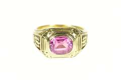14K Yellow Gold 1930's Syn. Pink Sapphire Ornate Men's Ring