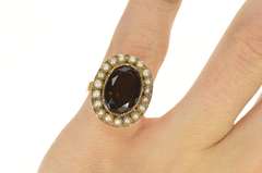 18K Yellow Gold Victorian Oval Smoky Quartz Pearl Halo Cocktail Ring
