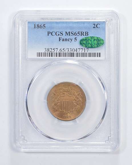 MS65 RB CAC 1865 Shield Nickel - Fancy 5 - Graded PCGS