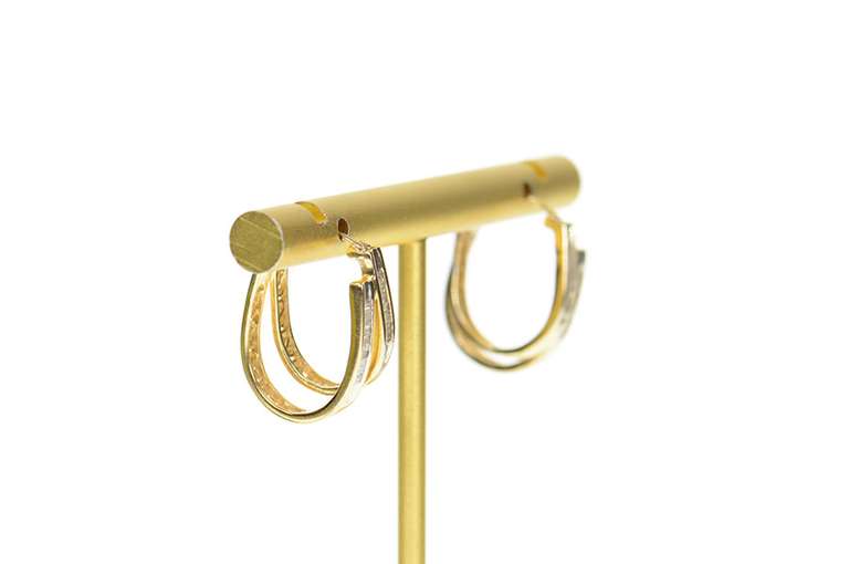 14K Yellow Gold Baguette Diamond Layered Look Oval Hoop Earrings