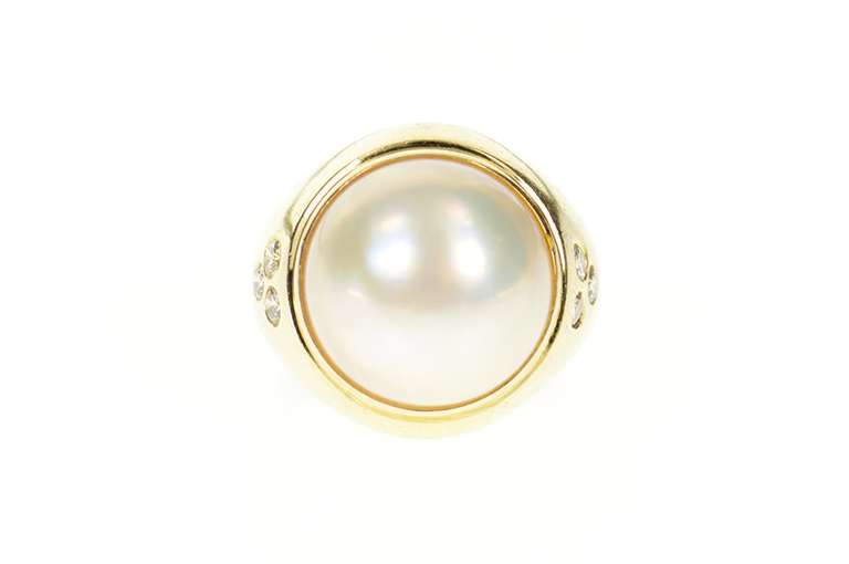 14K Yellow Gold Round Pearl Diamond Graduated Statement Ring