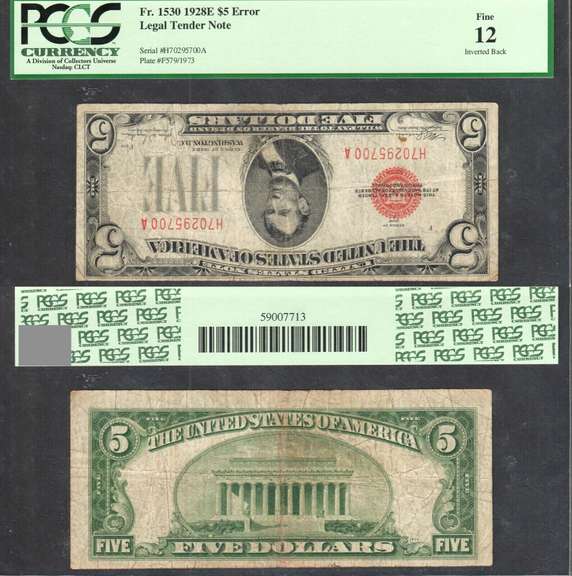 $5 1928-E Legal Tender Inverted Back Error Inverted Reverse PCGS Fine 12
