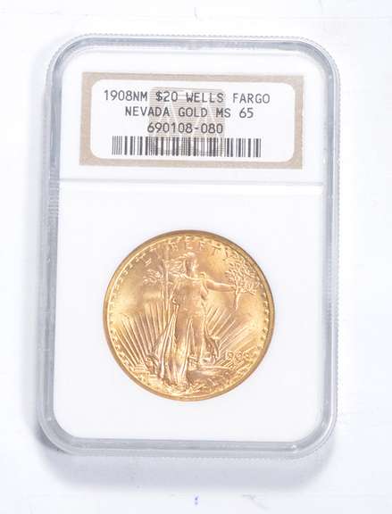 MS65 1908-NM $20 St Gaudens Gold Double Eagle Wells Fargo NV Gold NGC