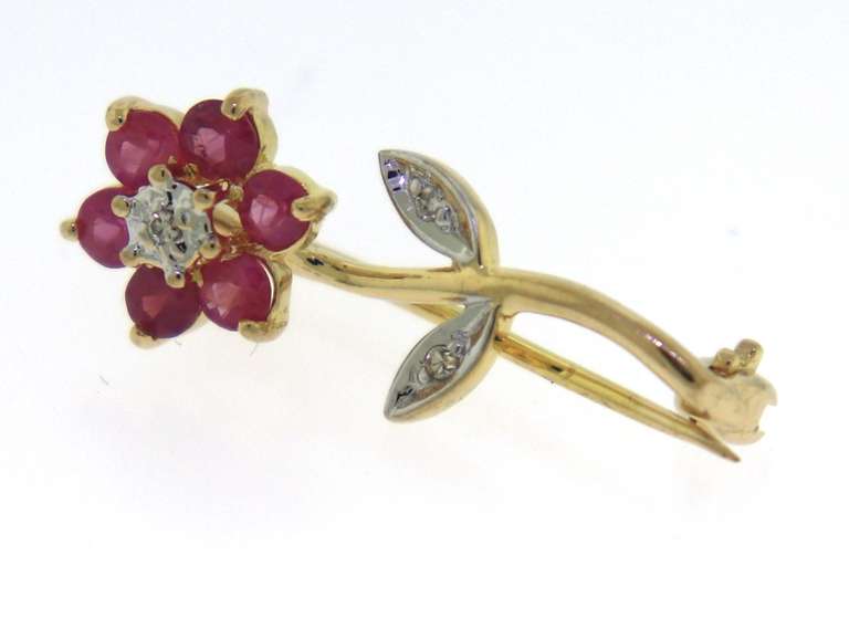 Gorgeous Yellow Gold Ruby and Diamond Flower Pin
