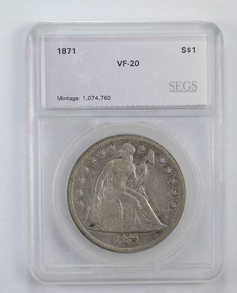 VF20 1871 Seated Liberty Silver Dollar - Graded by SEGS