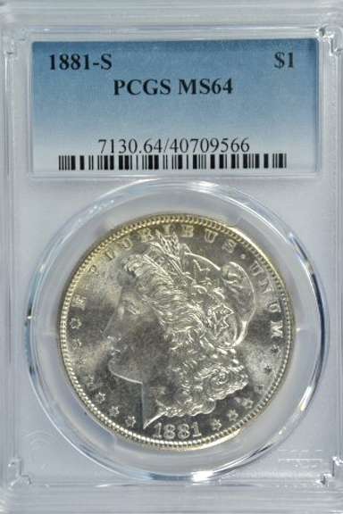 Near Gem BU 1881-S Morgan Silver Dollar. PCGS MS64