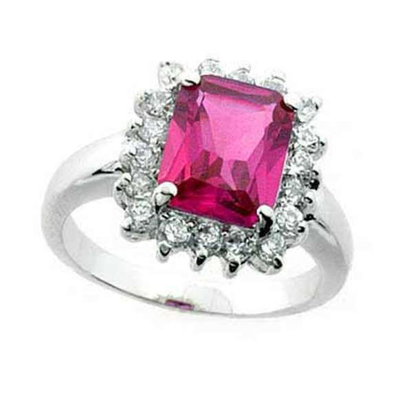 Sterling Silver Rectangle Created Pink Sapphire & CZ Ring