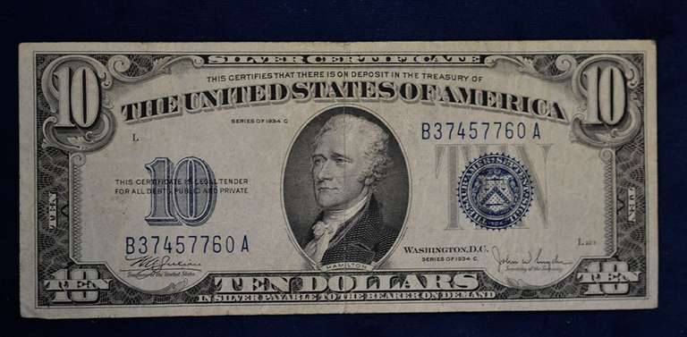 Series 1934 C 10 Dollar Silver Certificate Circulated