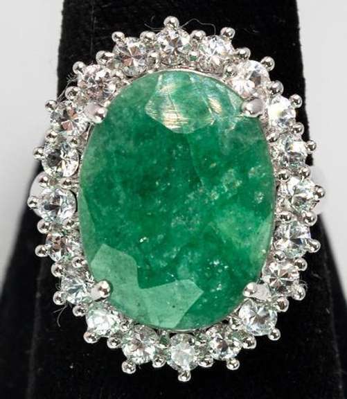 Gorgeous Massive 11.68CTS Emerald & White Topaz Ring in Sterling