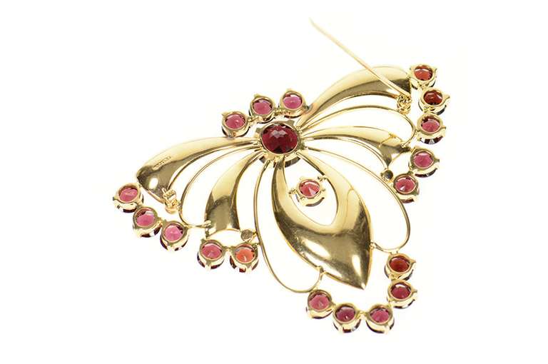 14K Yellow Gold Ornate Syn. Garnet Retro Butterfly Moth Pin/Brooch