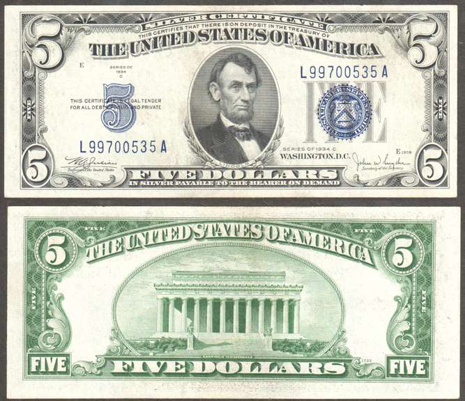 $5 1934-C SILVER CERTIFICATE Fr 1653 BLUE SEALS & SERIALS WIDE-L-A BLOCK Ch CU