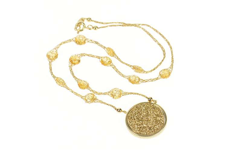 14K Yellow Gold Druzy Quartz Citrine Mesh Chain Statement Necklace