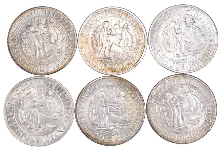(6) 1936 Rhode Island Commemorative Half Dollars - Various Mints - Unc