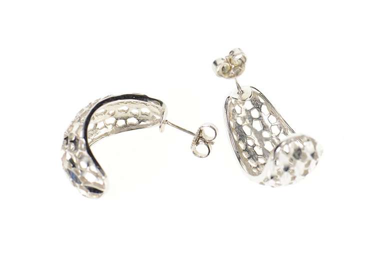 14K White Gold Diamond Cut Lattice Rounded Semi Hoop Earrings