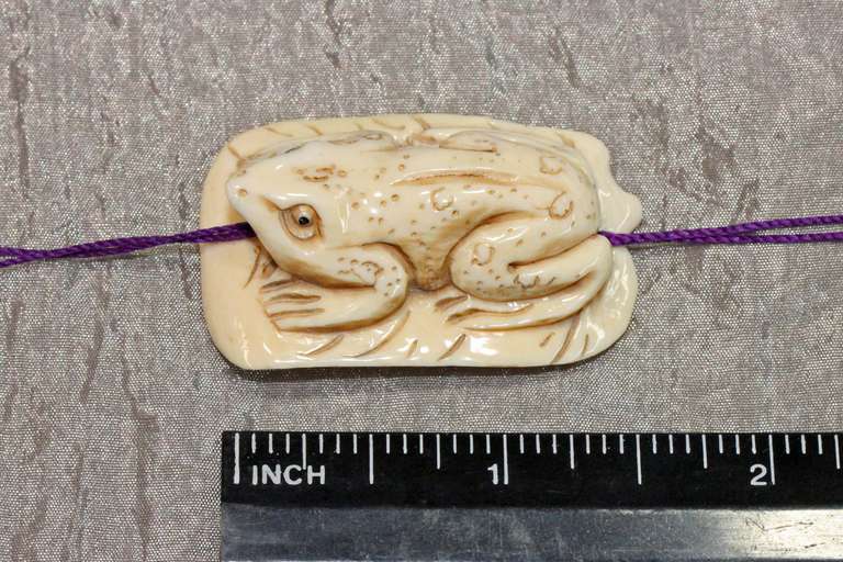 Natural Ivory Netsuke Happy Frog on a Leaf