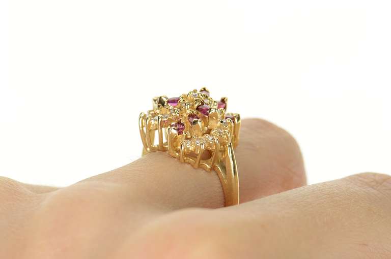 14K Yellow Gold Marquise Ruby Diamond Swirl Cluster Cocktail Ring