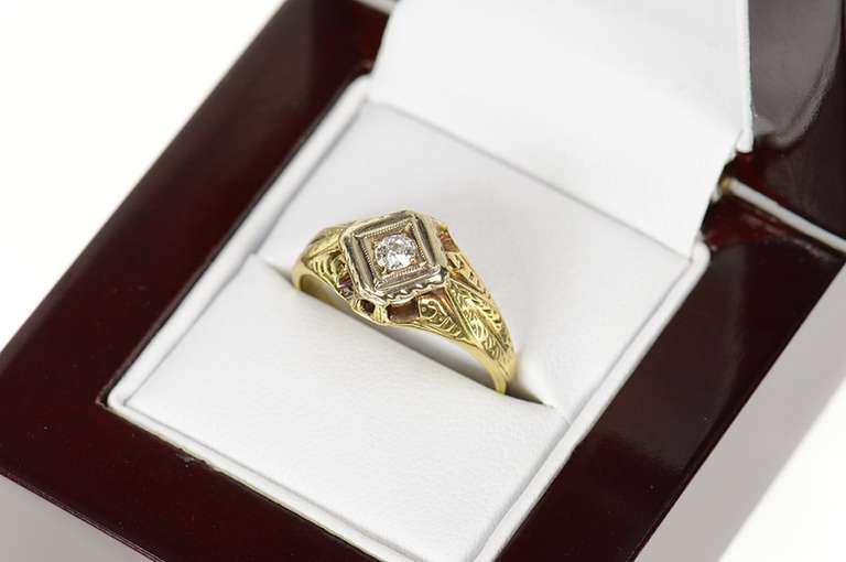 14K Yellow Gold Art Deco Etched Ornate Diamond Engagement Ring