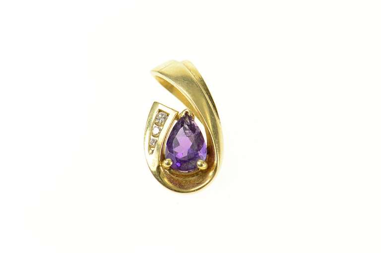 14K Yellow Gold Pear Amethyst Diamond Accent Wave Loop Pendant