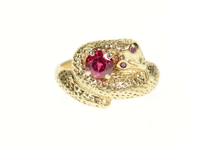 10K Yellow Gold 1930's Coiled Serpent Snake Syn. Ruby Men's Ring