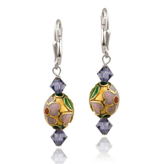 Sterling Silver Swarovski Elements & Blue Cloisonne Oval Bead Dangle Earrings