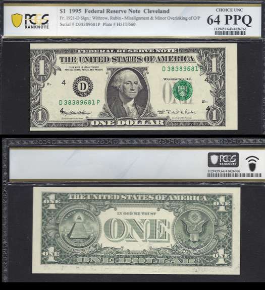 $1 1995 FRN FAULTY ALIGNMENT ON FACE PCGS BN CHOICE UNCIRCULATED 64PPQ